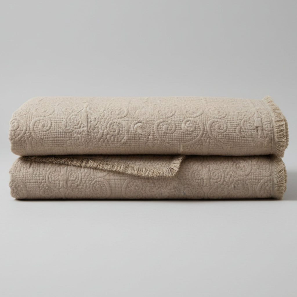 DaDa Bedding Elegant Fringed Cotton Quilted Throw Blanket - Luxurious Solid Soft Paisley Pattern, Cozy Lightweight Lap Throw, Perfect for Couch or Bed, Neutral Sandy Taupe Tan Beige, 50x60 Inches