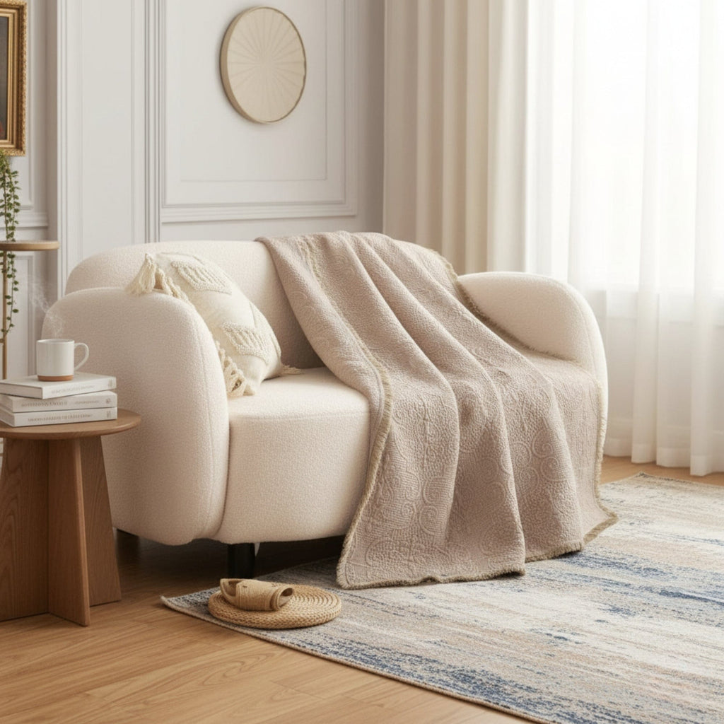 DaDa Bedding Elegant Fringed Cotton Quilted Throw Blanket - Luxurious Solid Soft Paisley Pattern, Cozy Lightweight Lap Throw, Perfect for Couch or Bed, Neutral Sandy Taupe Tan Beige, 50x60 Inches