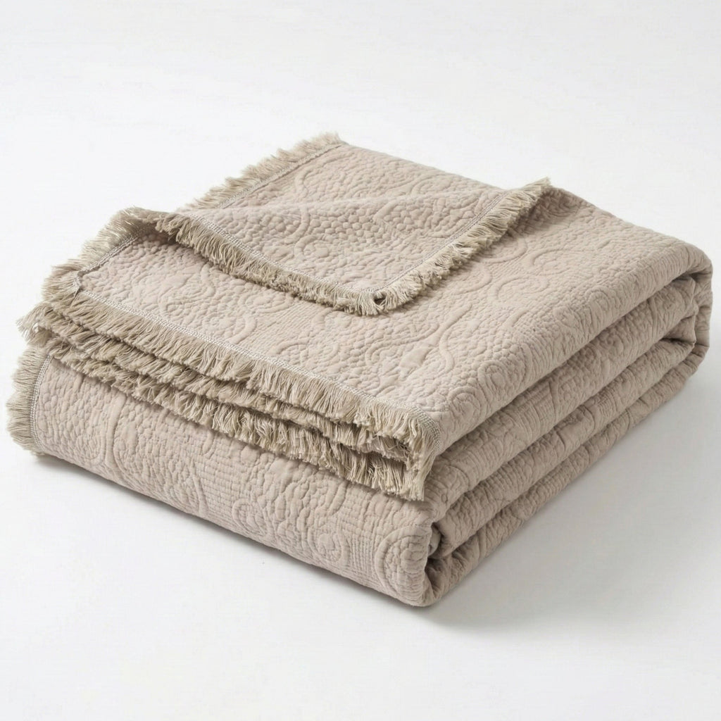 DaDa Bedding Elegant Fringed Cotton Quilted Throw Blanket - Luxurious Solid Soft Paisley Pattern, Cozy Lightweight Lap Throw, Perfect for Couch or Bed, Neutral Sandy Taupe Tan Beige, 50x60 Inches